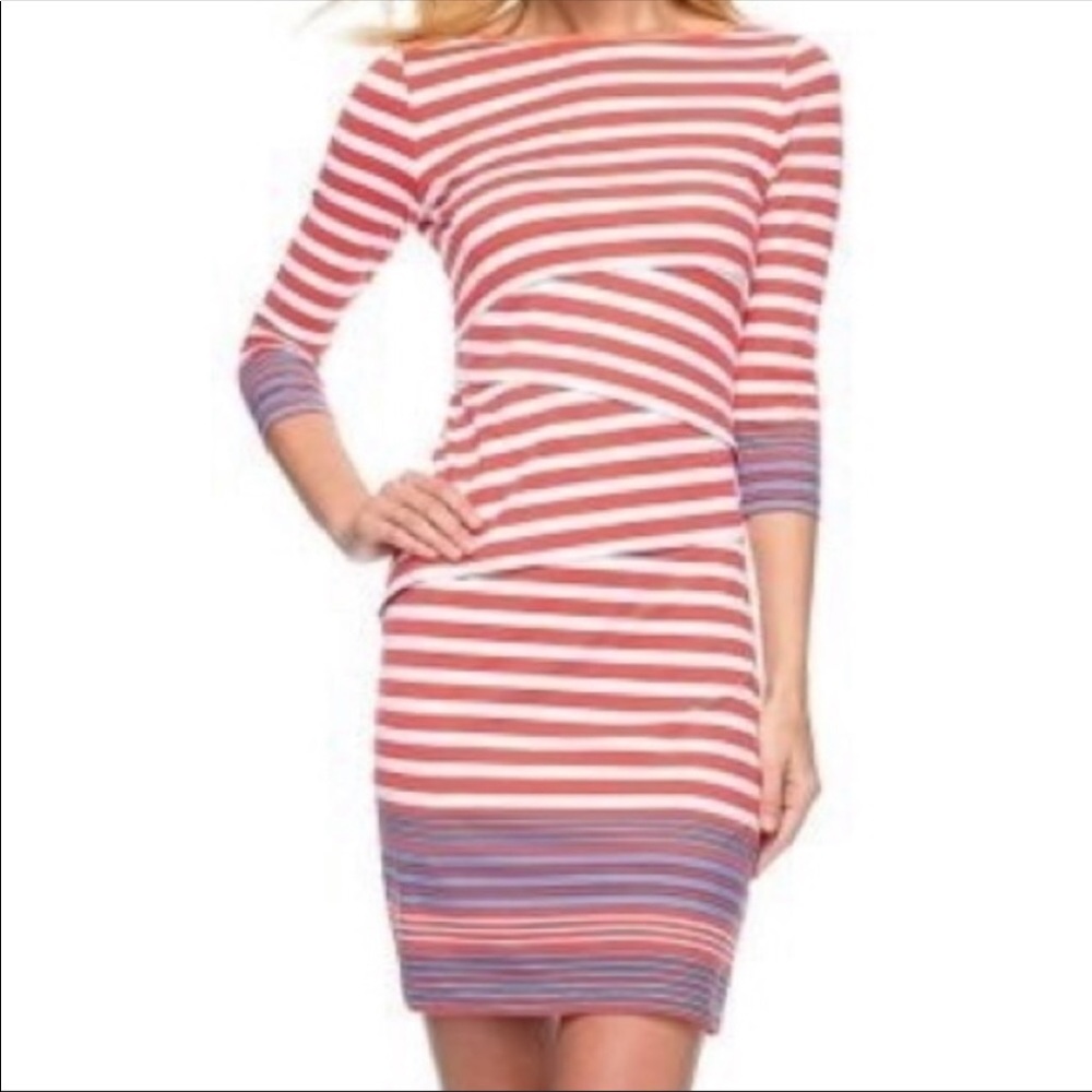 J. MCLAUGHLIN Striped Nicola Bangle 3/4 Sleeve Layered Dress Red White Blue